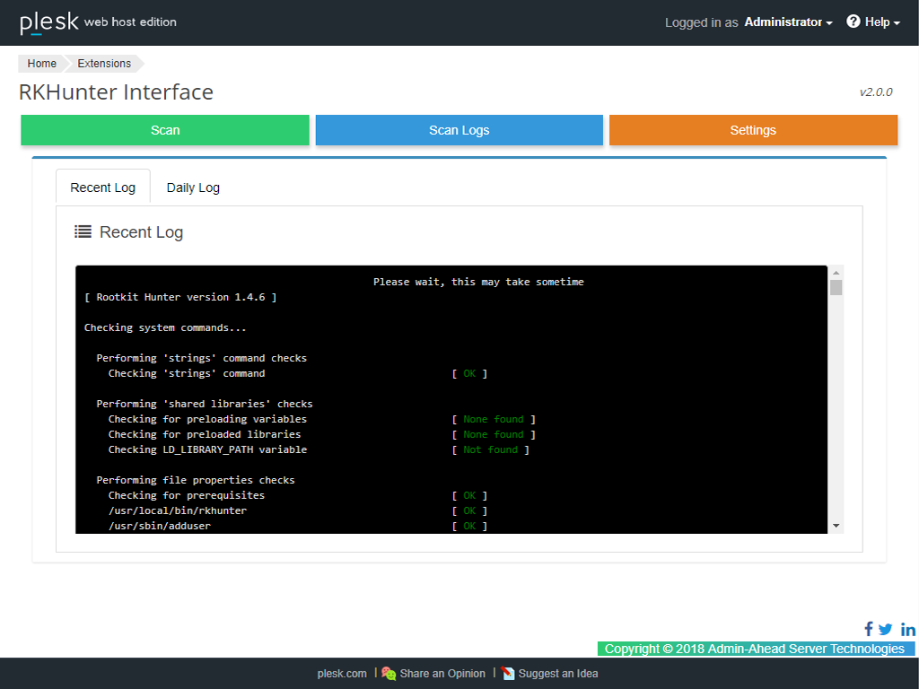 RKHunter Interface (Plesk) - Scan Logs